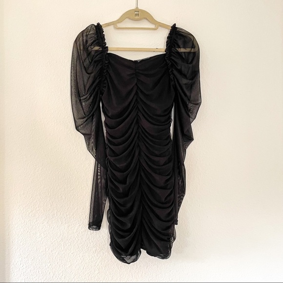 Missguided Black Mesh Ruched Long Sleeve Mini Dress - Picture 6 of 7